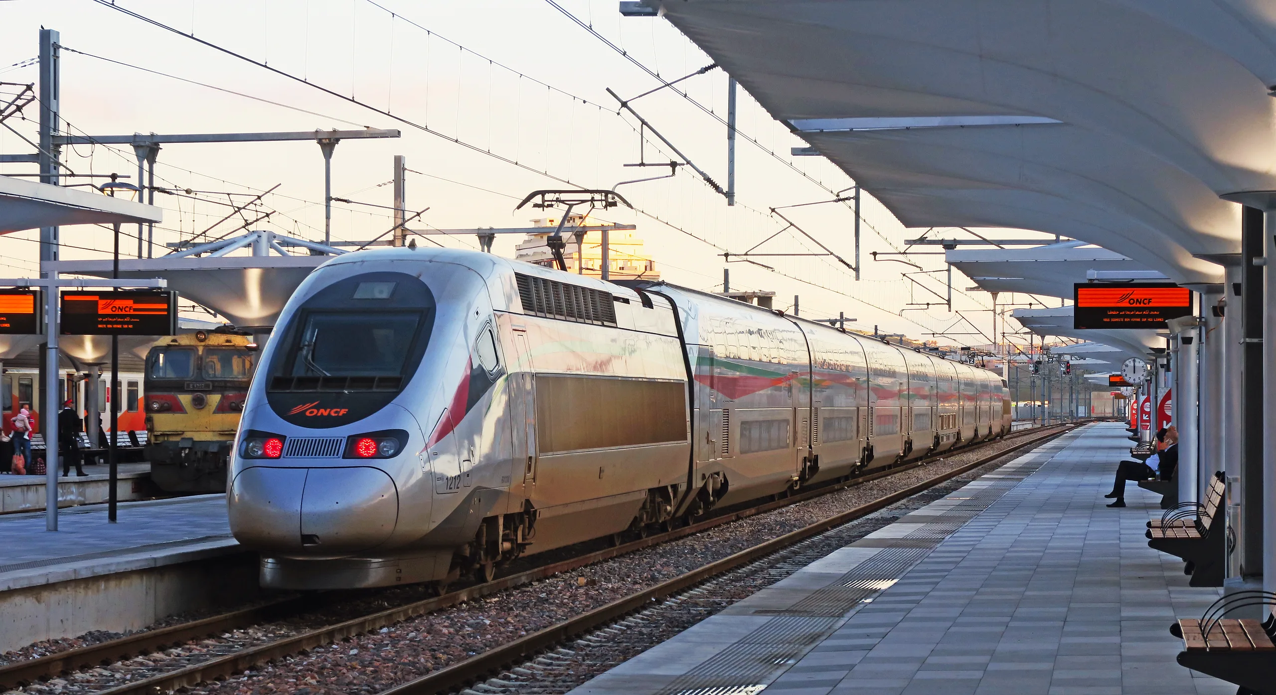 Al Boraq high-speed train at a Moroccan station platform ready for departure