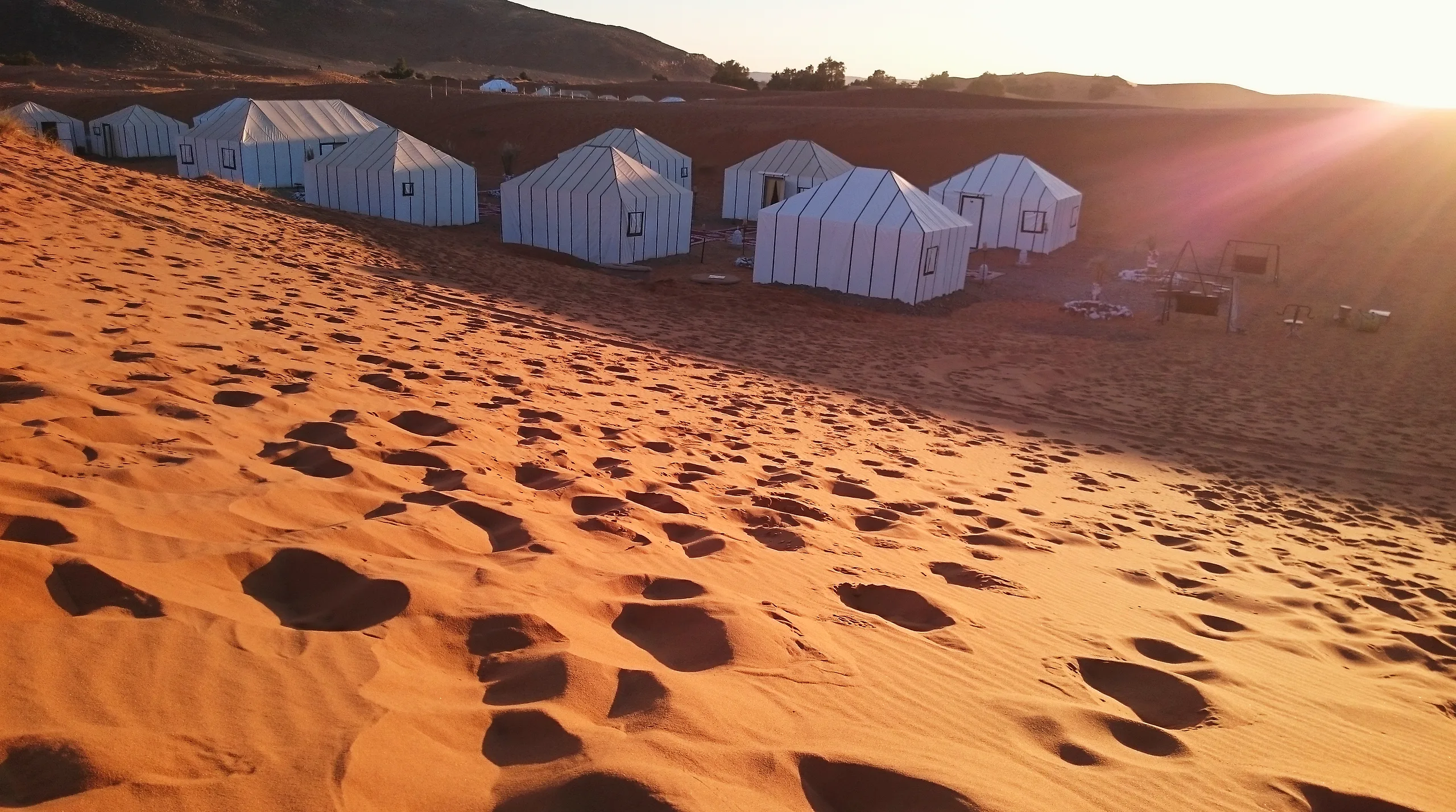 White tents of a desert camp at the foot of a dune near Merzouga, lit by a low sun