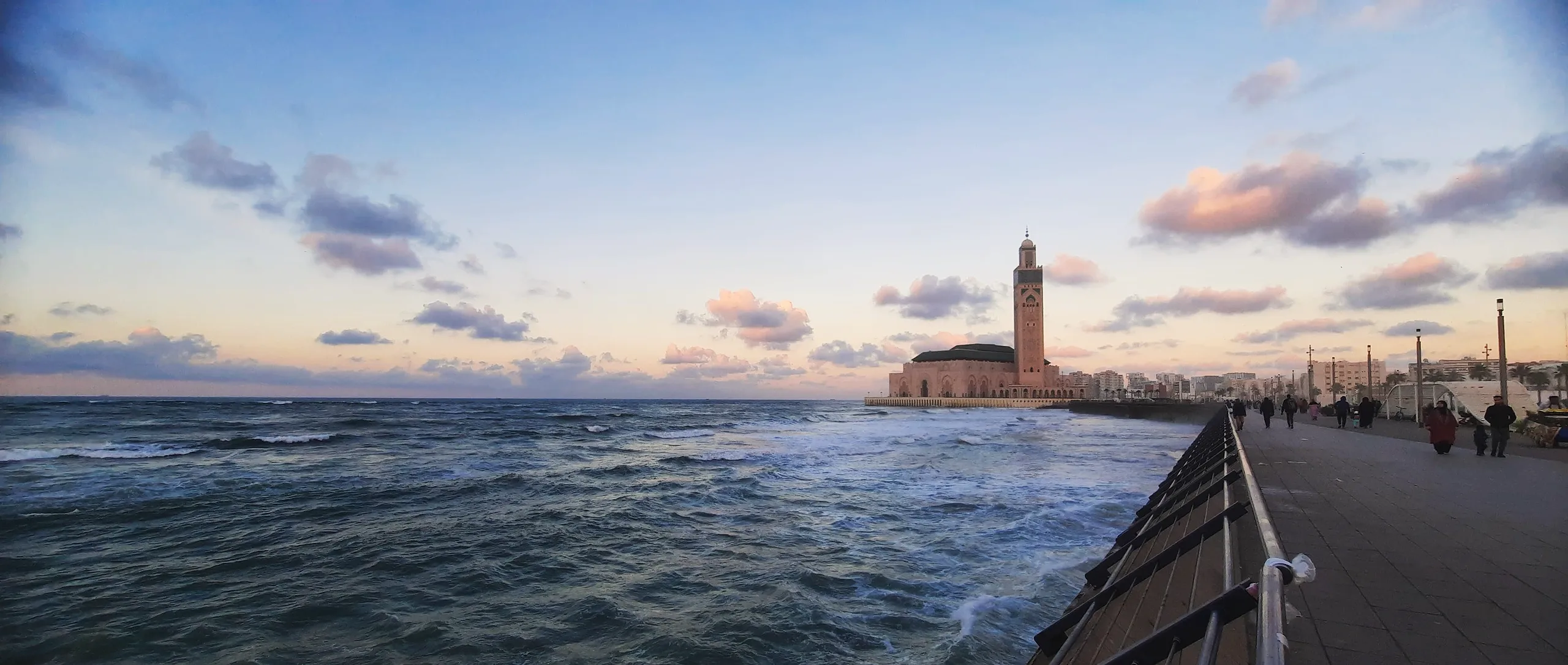 The Hassan II Mosque on the Casablanca shoreline at dusk