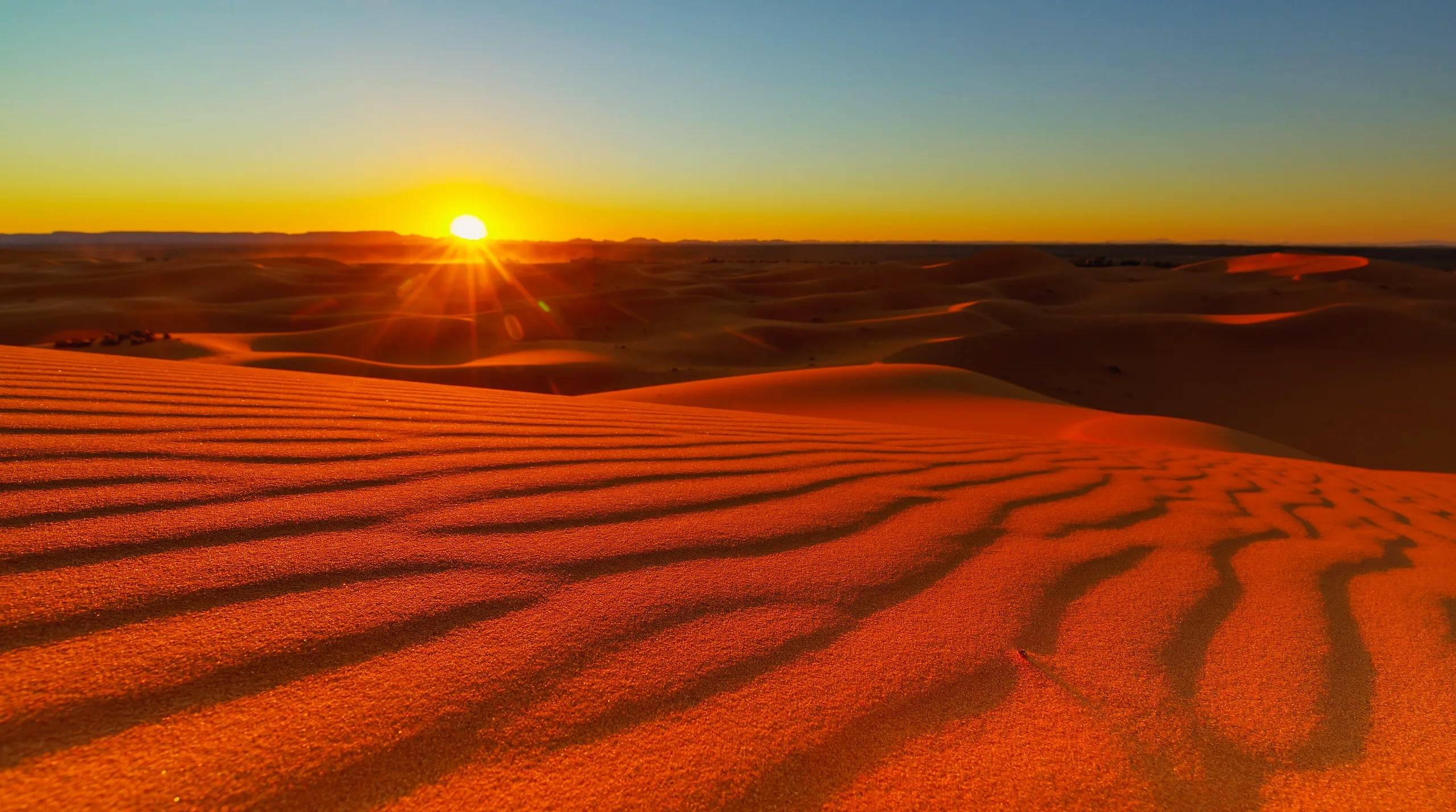Moroccan landscape with golden sand dunes stretching to the horizon