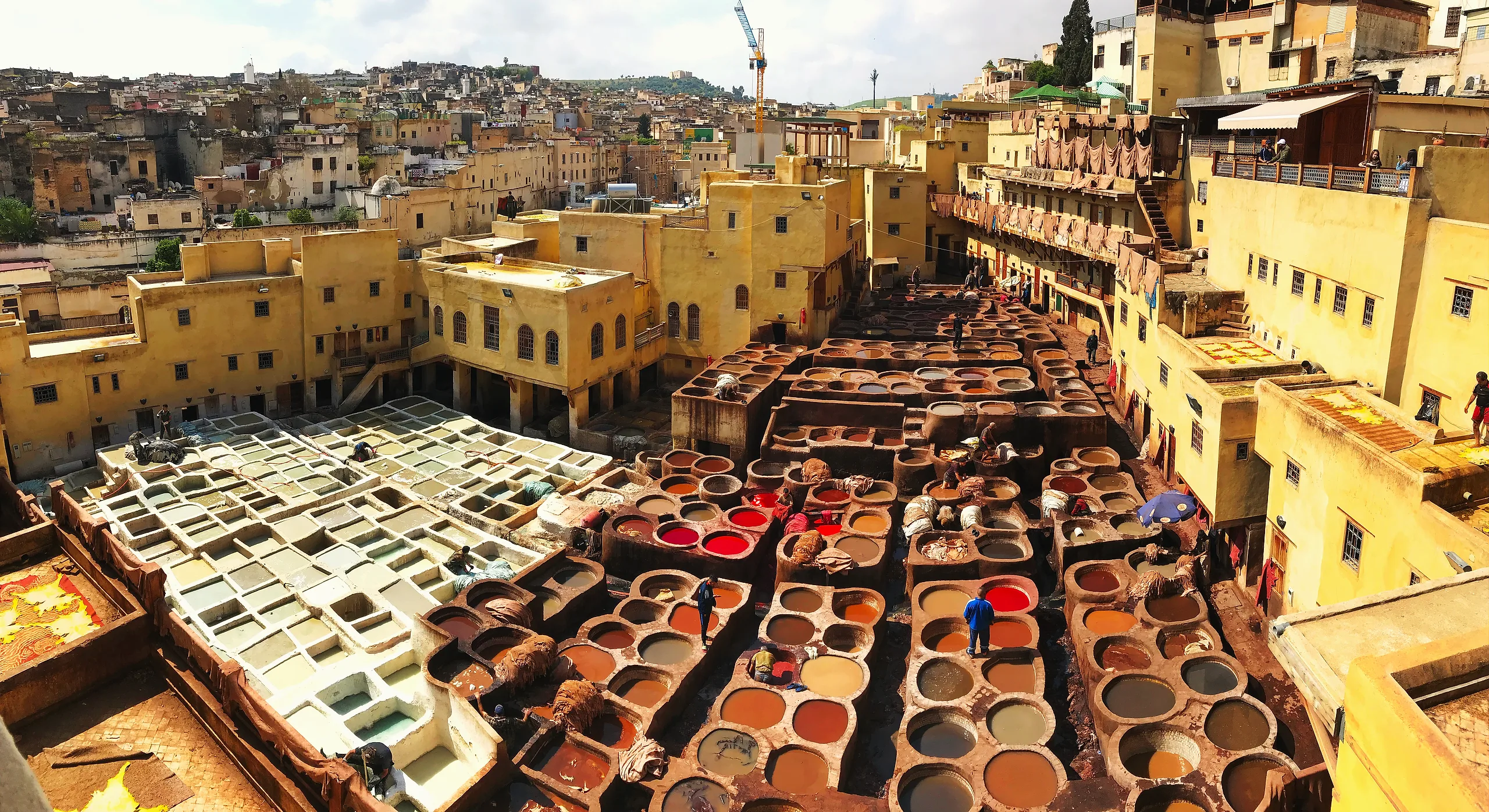 The dye pits of the Chouara tannery in Fes from the rooftops above
