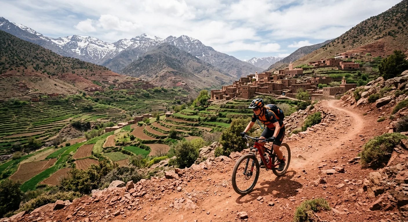 Mountain biker riding a trail through Morocco's Atlas Mountains with red-earth terrain and dramatic peaks