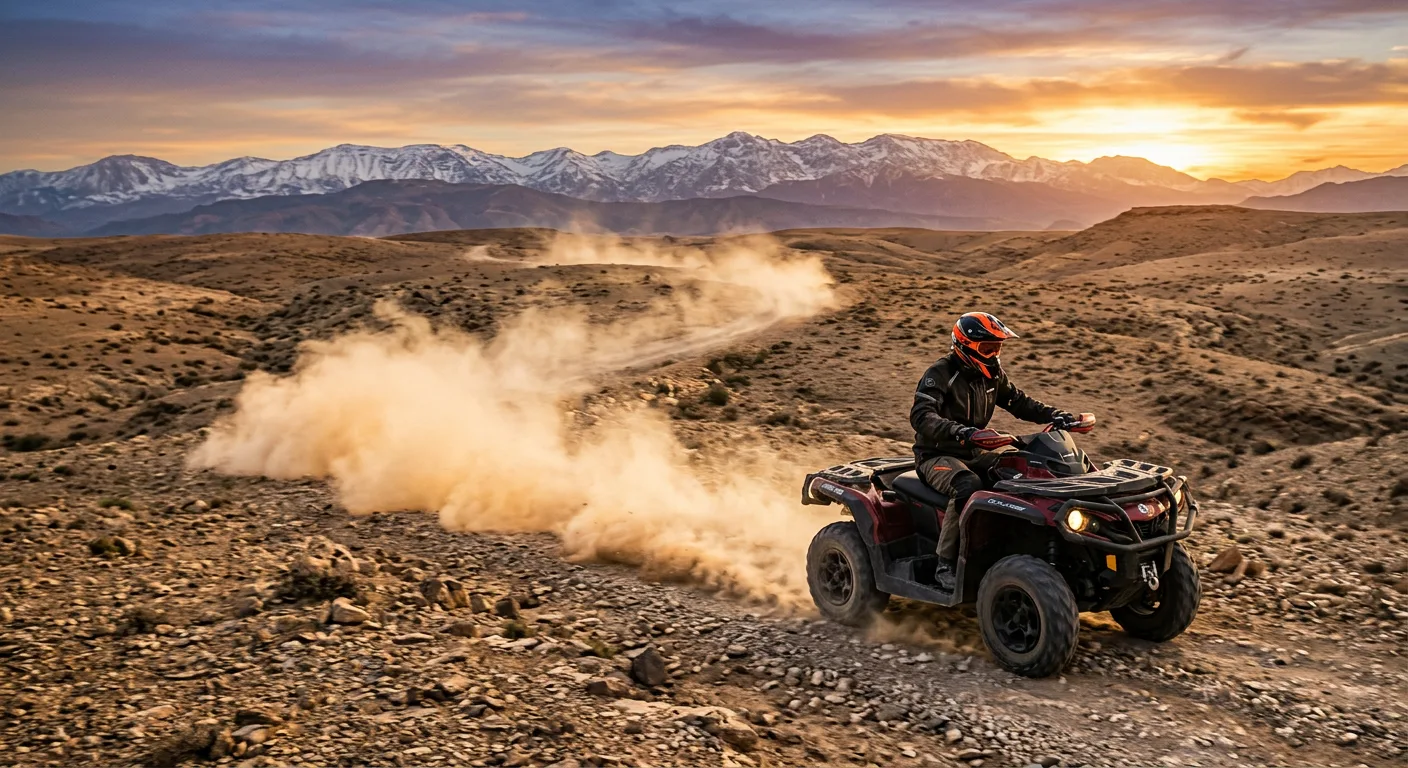 Quad biking through golden Sahara dunes in Morocco