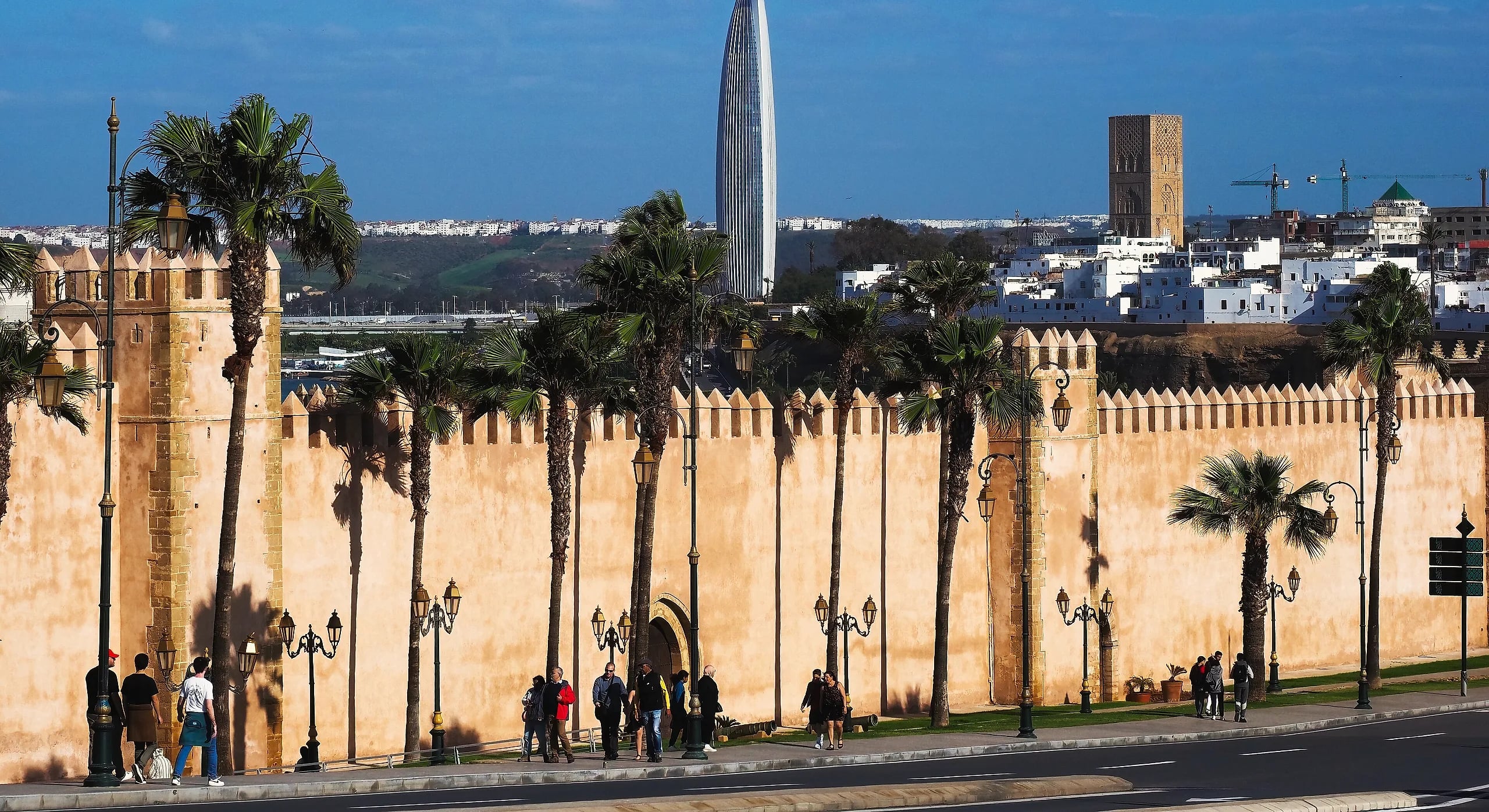 The walls of the Kasbah of the Udayas in Rabat, with the Mohammed VI Tower behind