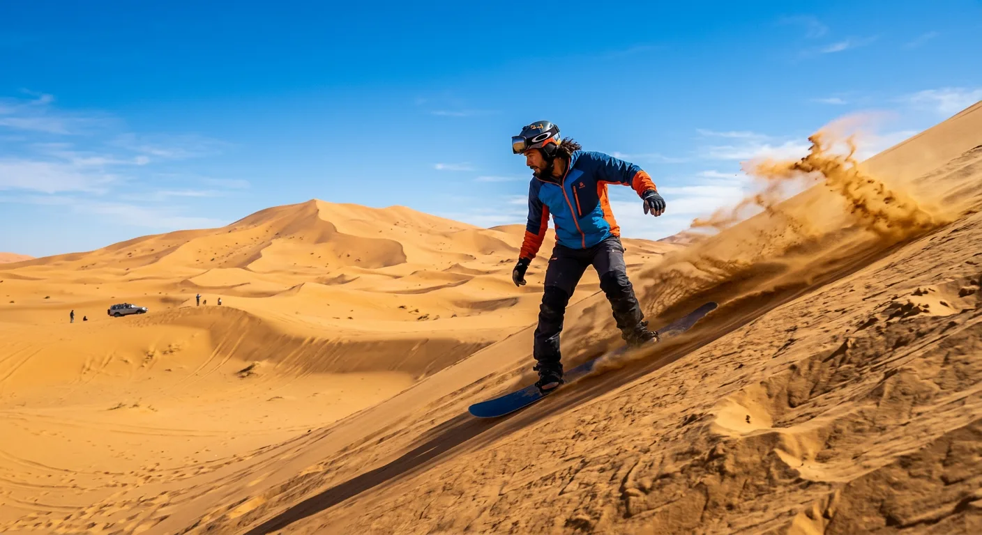 Sandboarder riding down a golden Sahara dune at sunset in Merzouga Morocco