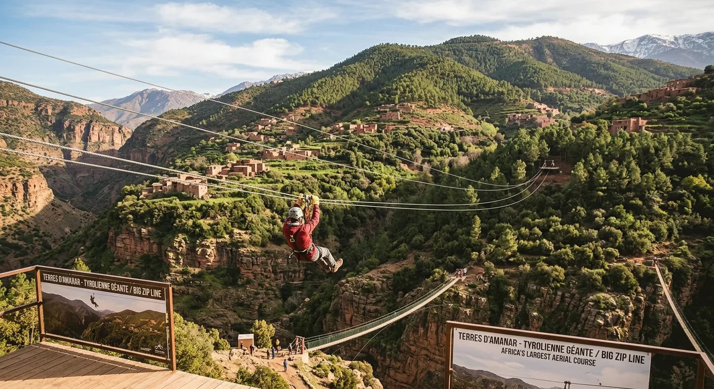 Person zip-lining over an Atlas Mountain gorge with valley views in Morocco