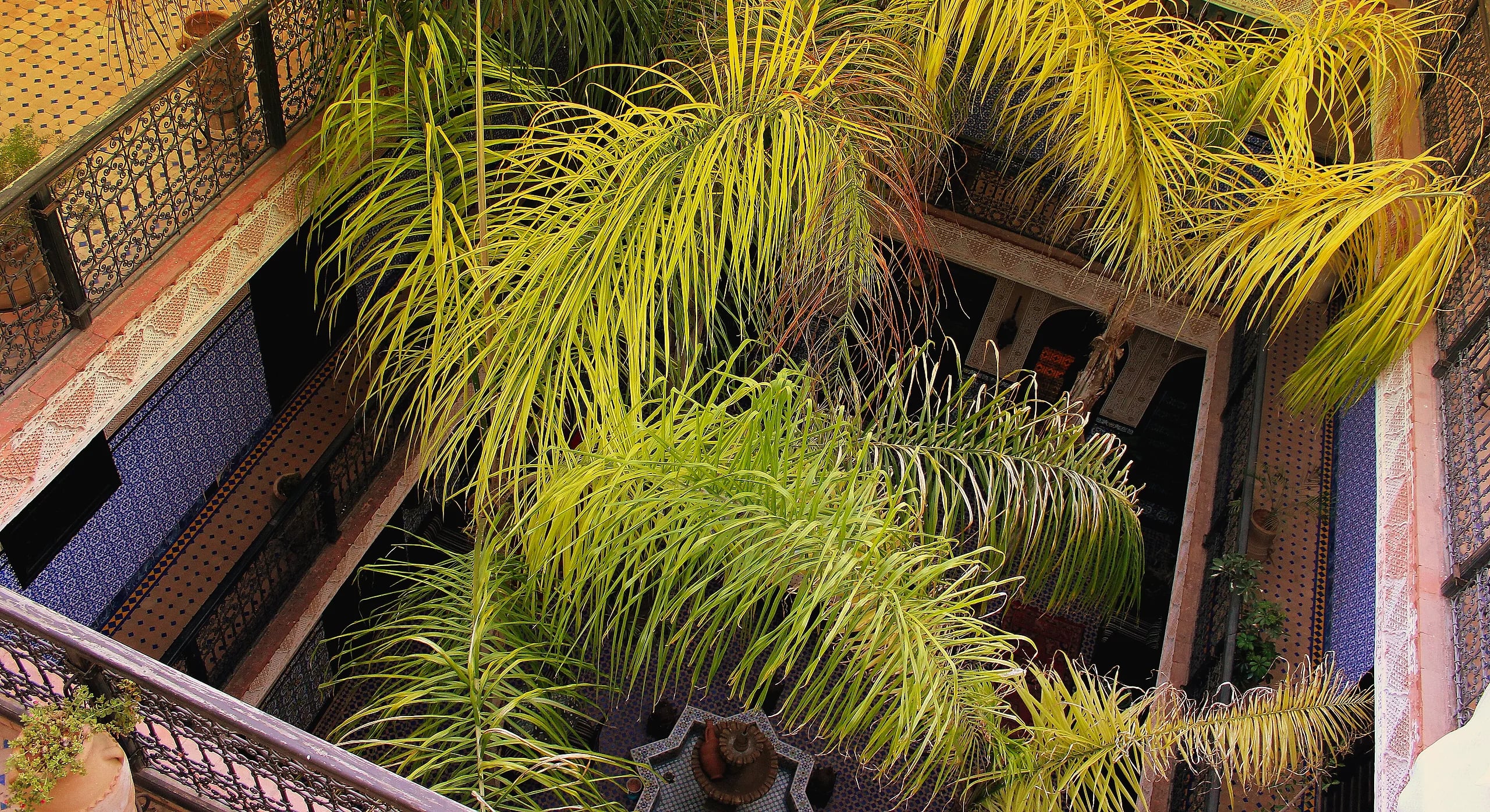 Looking down into a riad courtyard in Marrakech: palms rising past tiled galleries to a star-shaped fountain