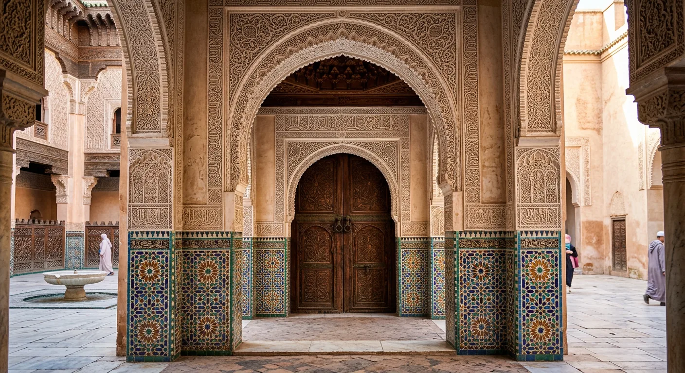 Ornate horseshoe arch with carved stucco decoration in a Moroccan palace