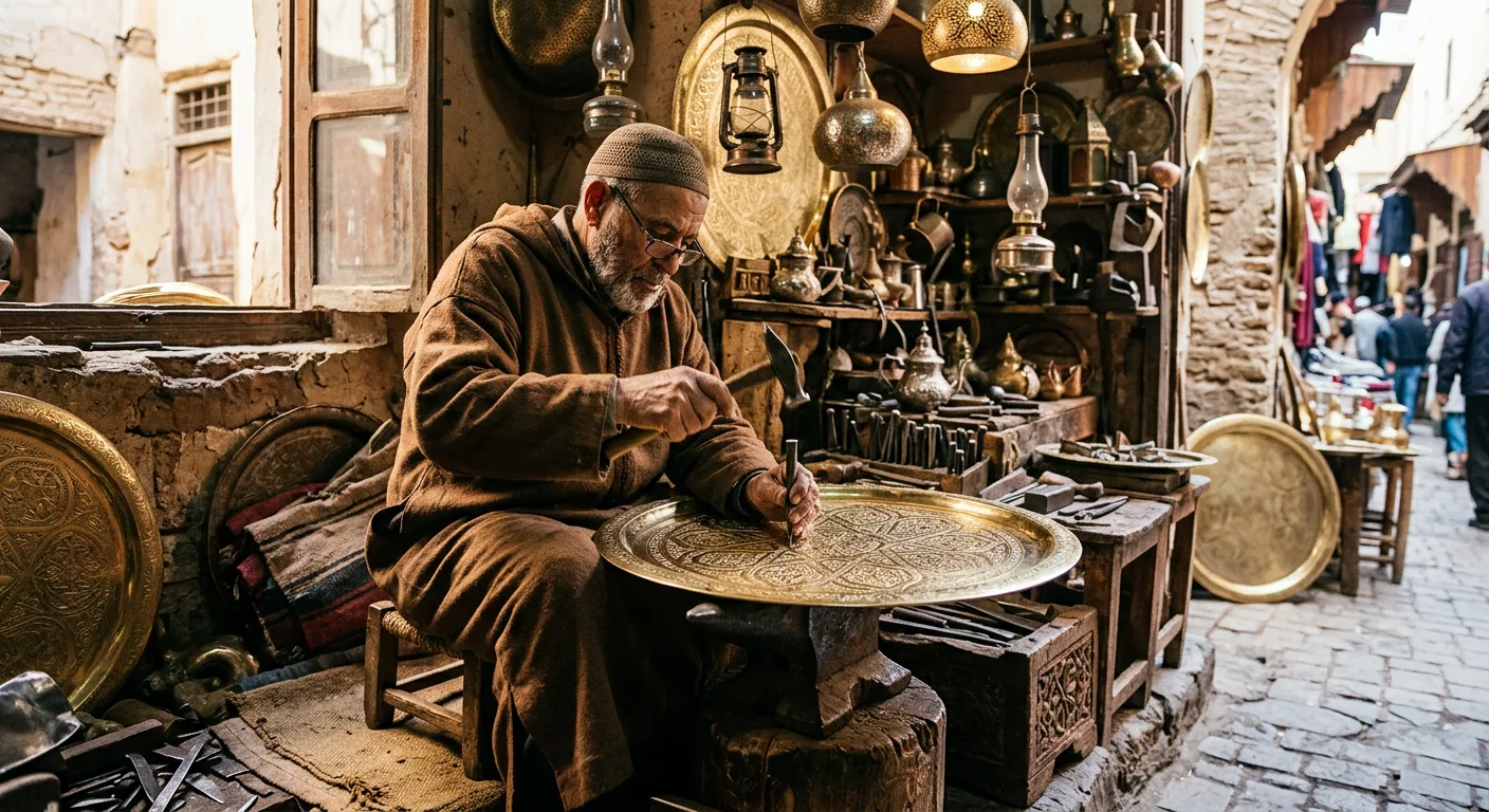 Traditional Moroccan brasswork in an Essaouira gallery