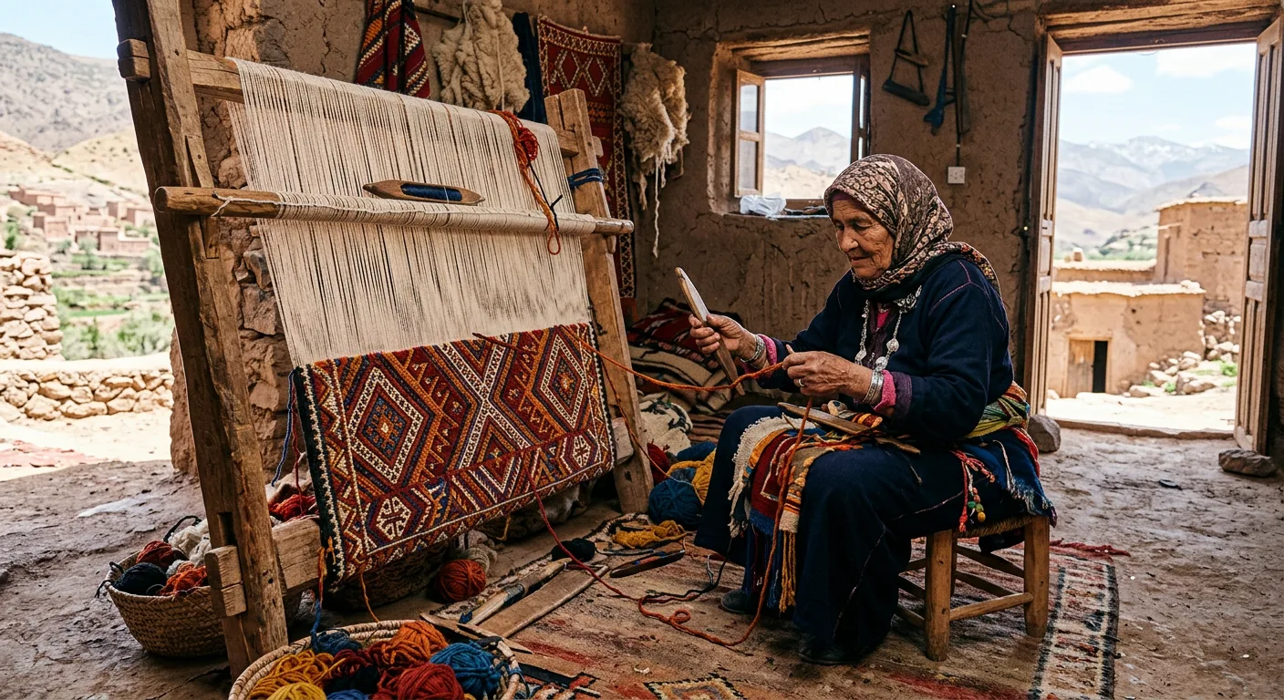 Richly patterned traditional Moroccan carpet with geometric Berber motifs in warm reds, oranges, and natural tones