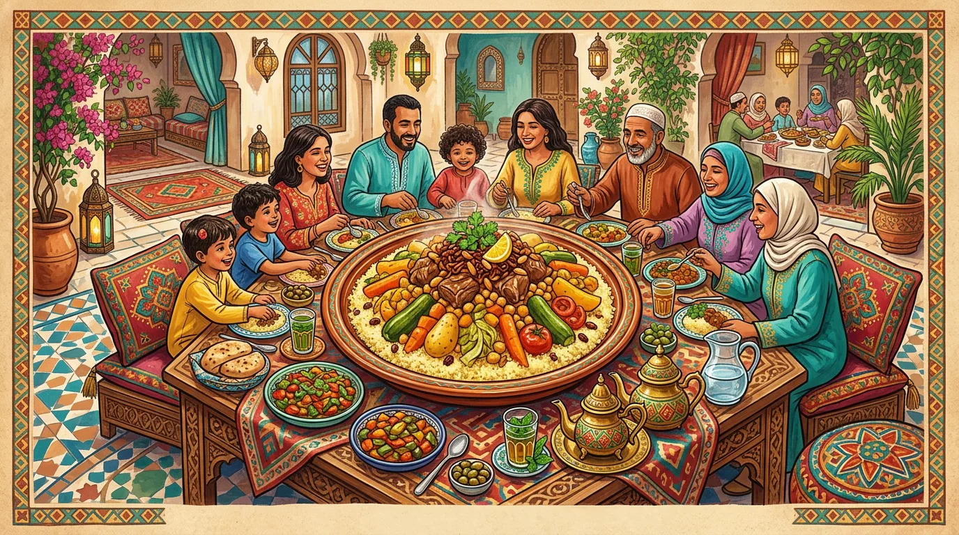 Moroccan couscous with traditional serving ware