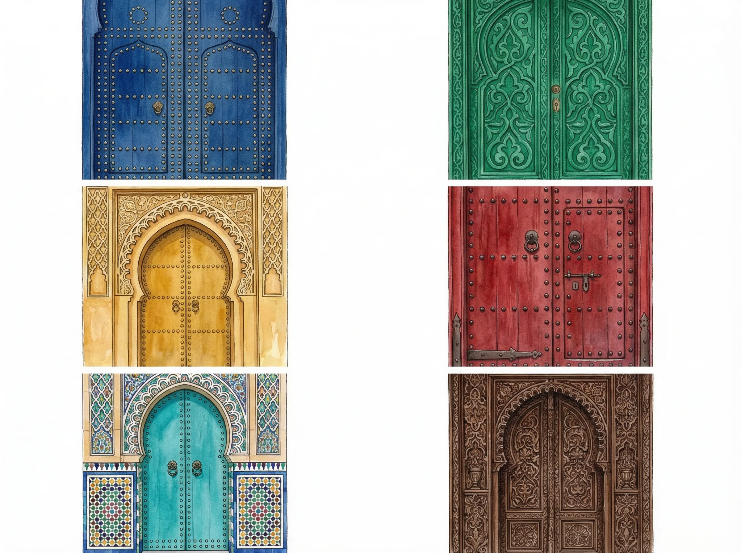 Collection of ornate Moroccan doors with intricate carvings and colorful tilework, reflecting the artistry found in Morocco's nightlife districts