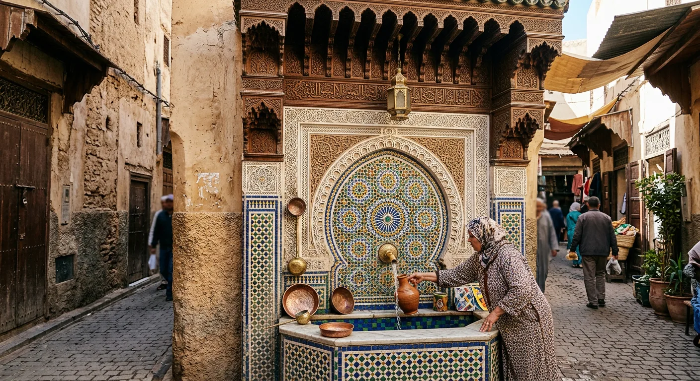 Traditional zellige-tiled Moroccan fountain with intricate mosaic patterns