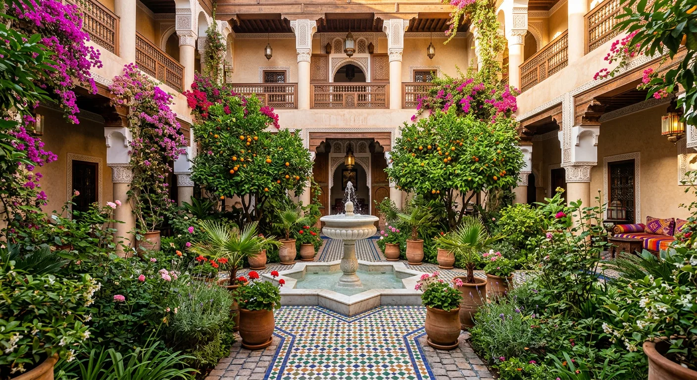 Lush Moroccan garden with shaded pathways, ideal for walking pets in the cool morning hours