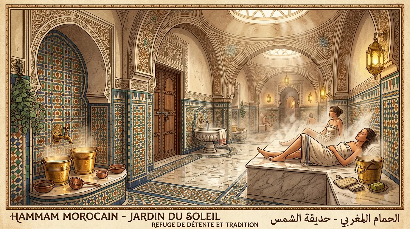 Illustration of a traditional Moroccan hammam ritual with steam-filled marble interiors, arched doorways, and bathing accessories including black soap and a kessa glove