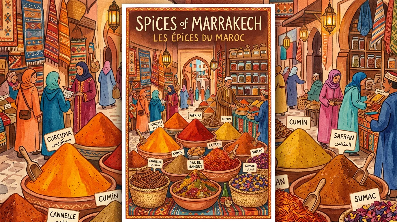 Vibrant illustration of a Moroccan market spice stall with colorful pyramids of cumin, saffron, paprika, and ras el hanout displayed in traditional woven baskets