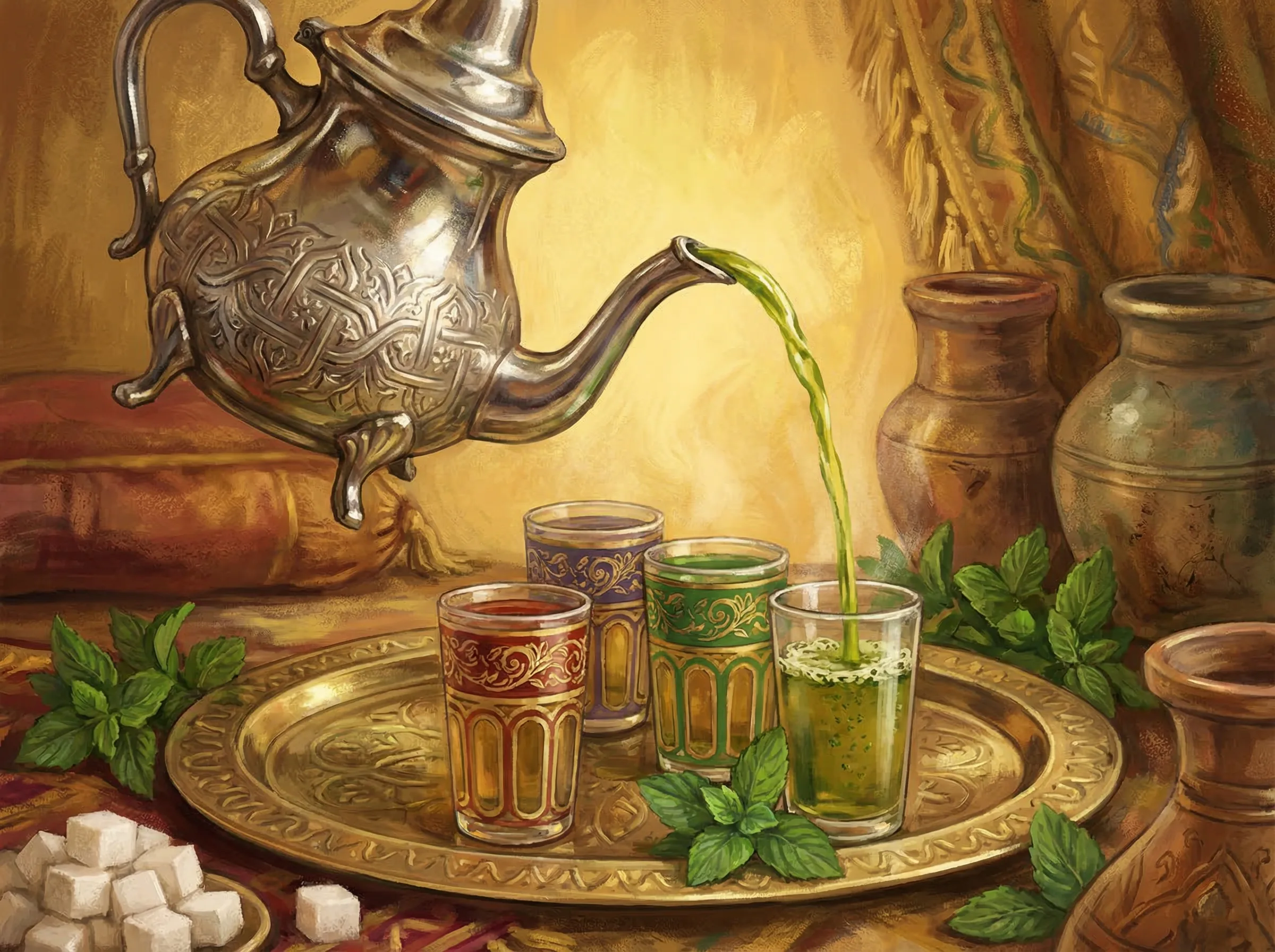 Traditional Moroccan mint tea served at a cafe, the perfect work companion for digital nomads