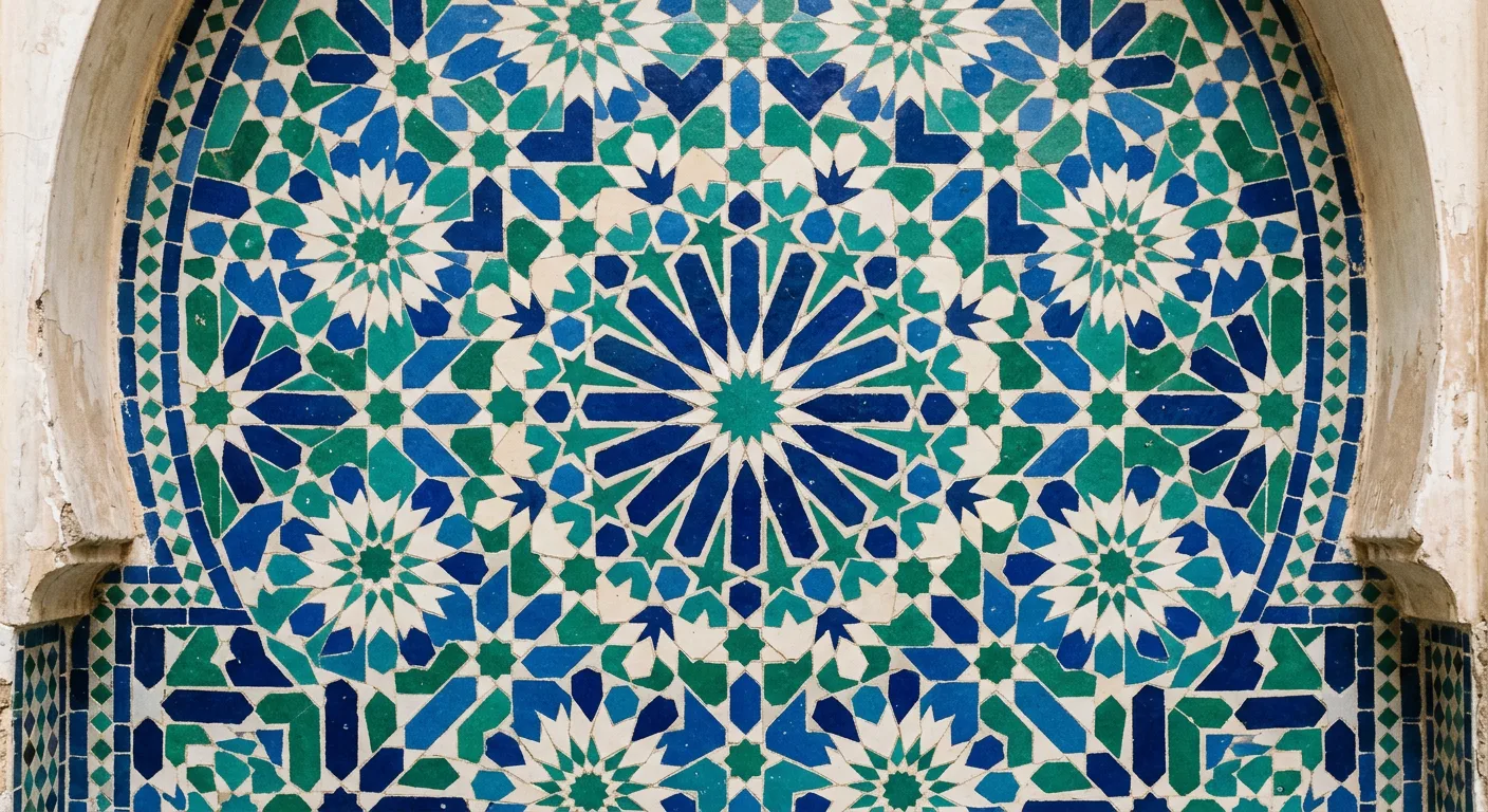 Hand-cut zellige tiles arranged in a star pattern by a Moroccan craftsman