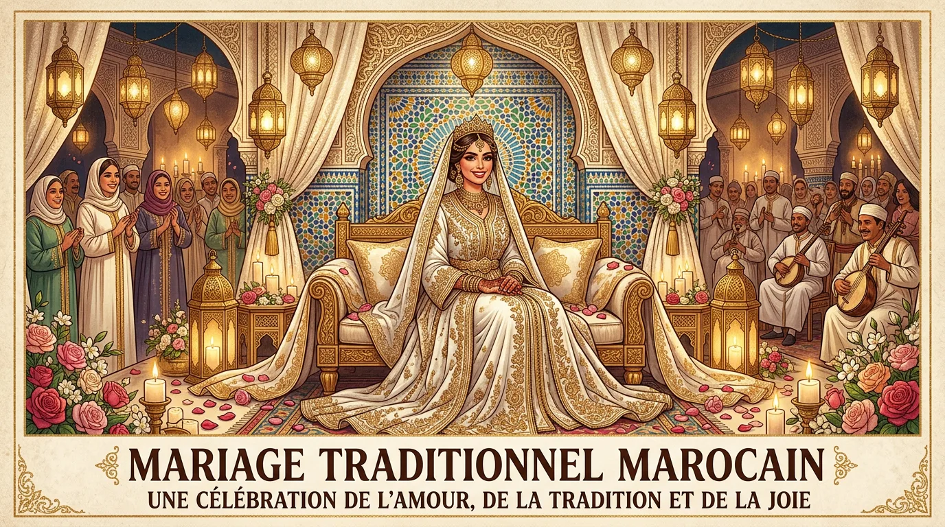 Illustration of a traditional Moroccan wedding celebration with ornate decorations, vibrant textiles, and festive atmosphere