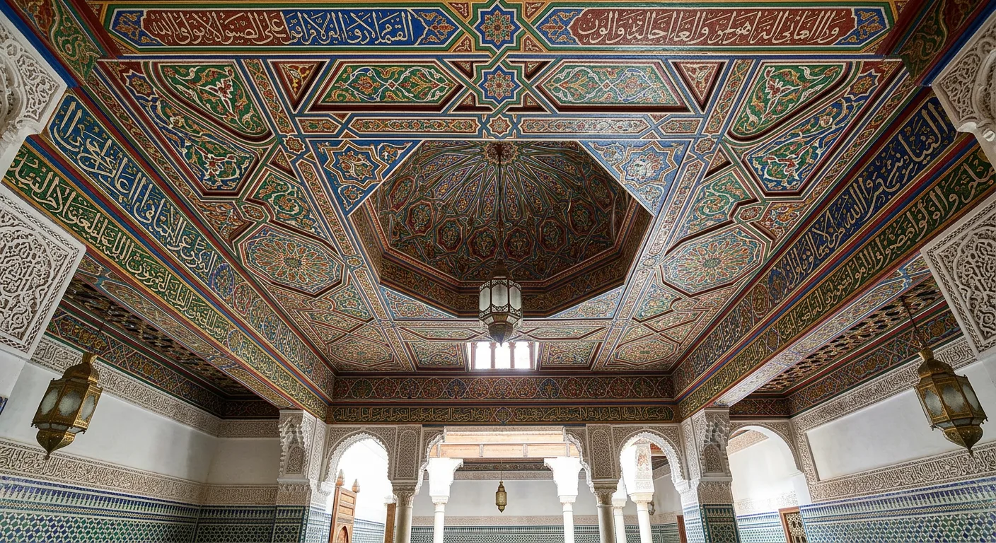 Painted zouak woodwork ceiling with traditional Moroccan geometric motifs