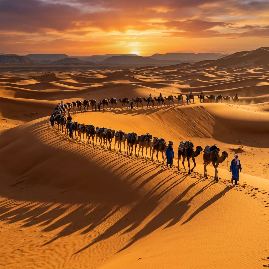 Decorated camel resting in the desert camp near Merzouga dunes