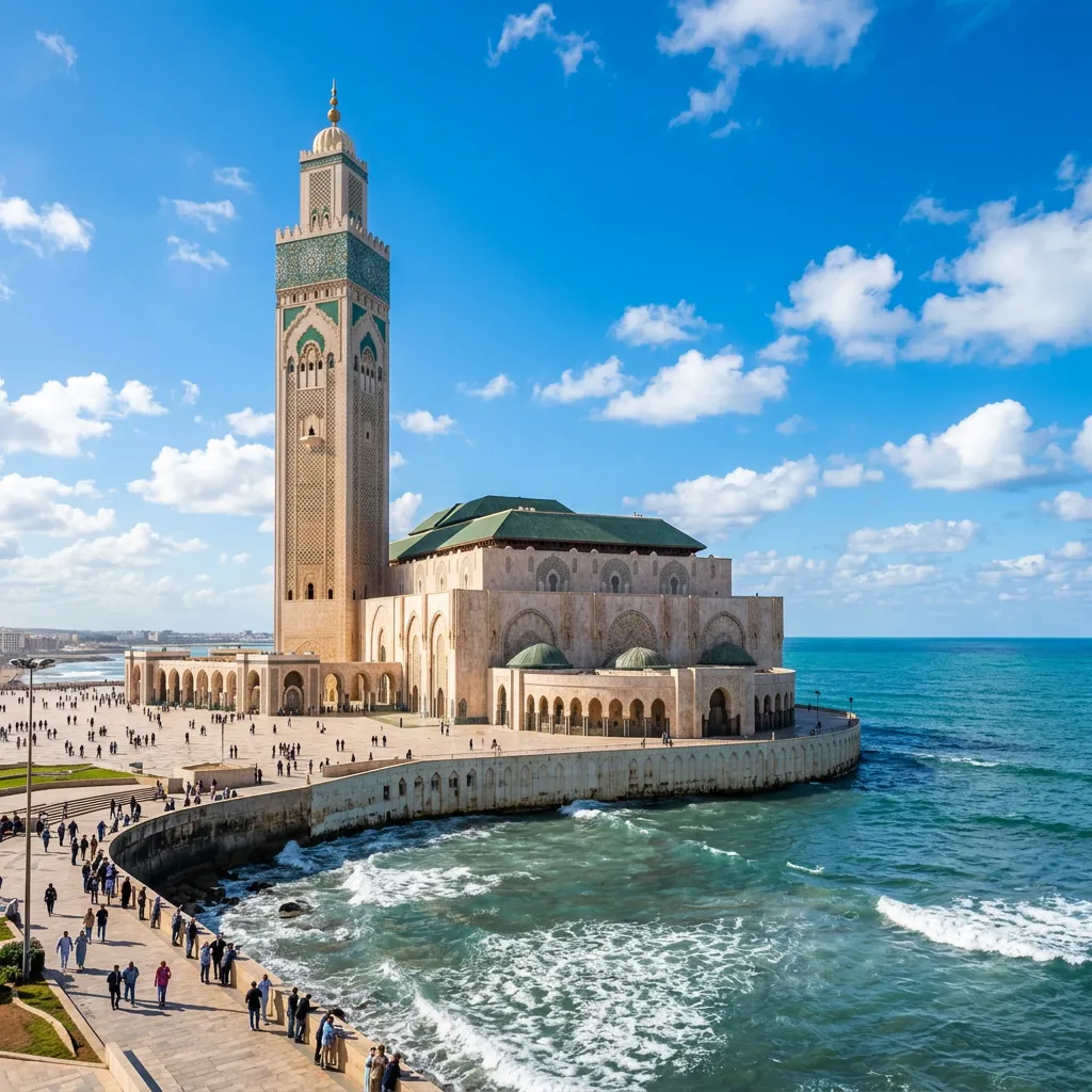 Ornate Moroccan mosque exterior with intricate geometric tilework and carved stucco detailing