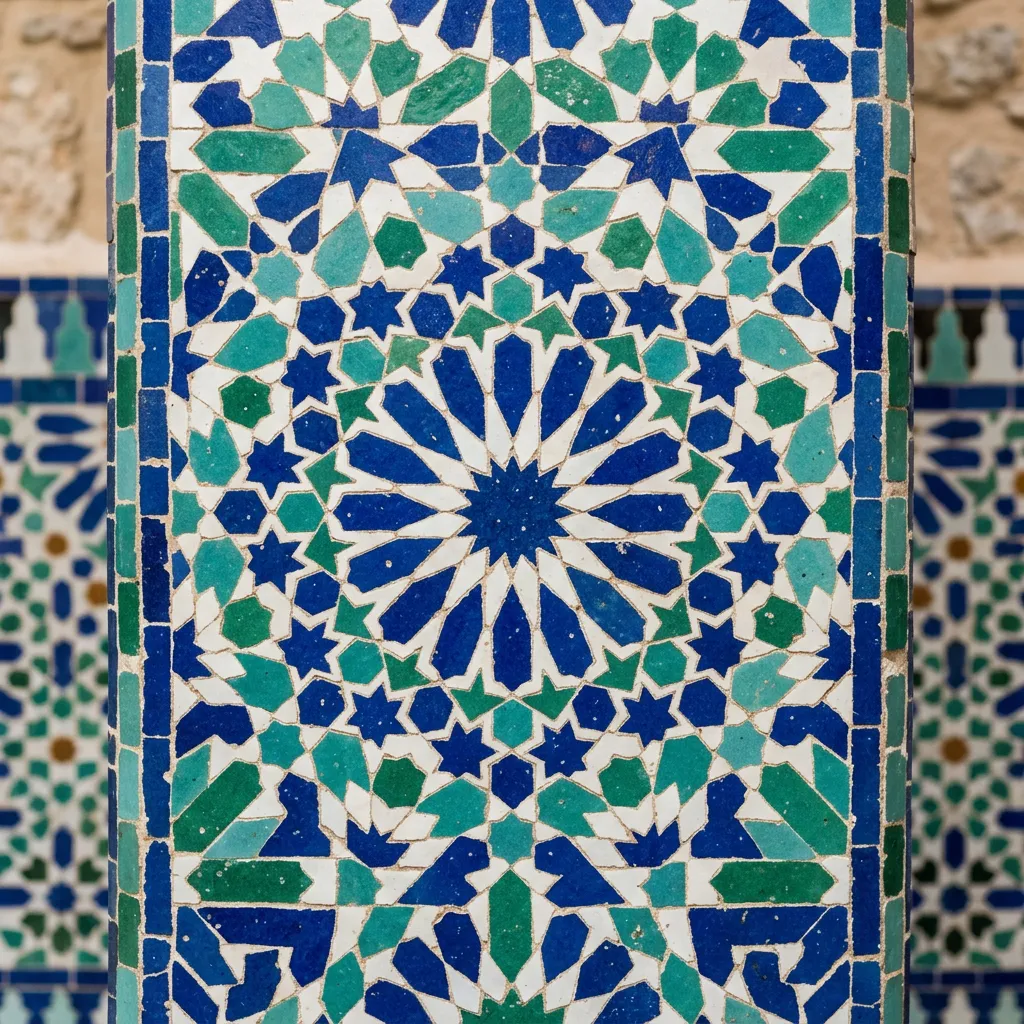 Geometric zellige mosaic tilework in traditional Moroccan patterns