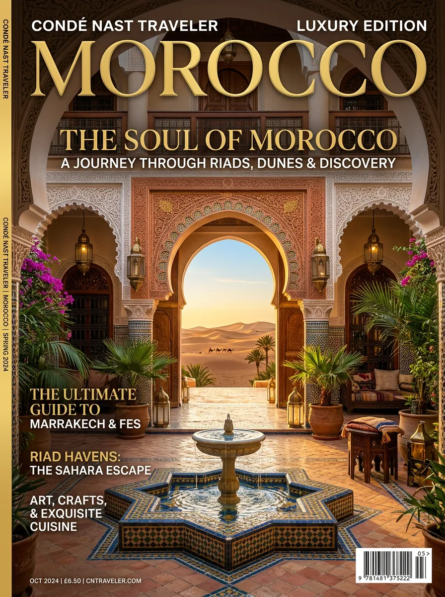 Panoramic view of luxury Moroccan property with Atlas Mountains in the background