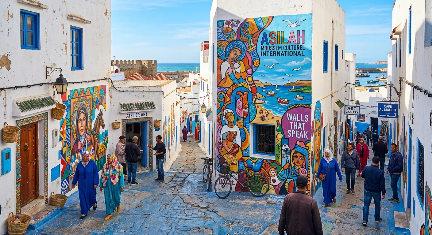 Colorful street murals painted on whitewashed walls of Asilah medina on the Atlantic coast