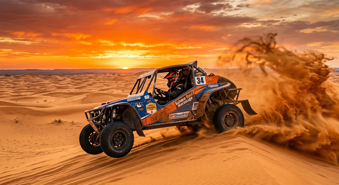 Buggy tour racing across Sahara desert sand and rock