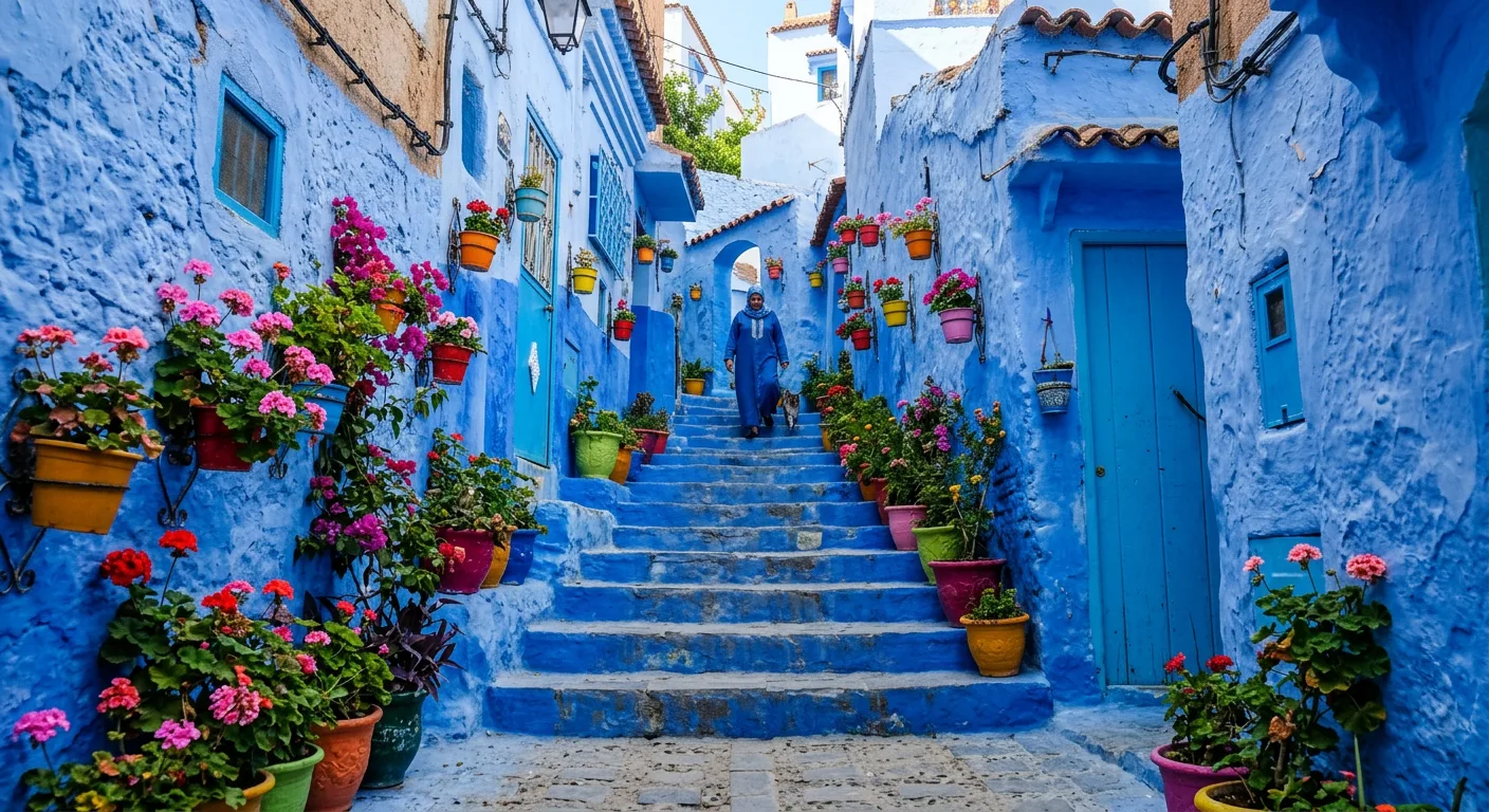 Iconic blue-washed stairway with flower pots in Chefchaouen medina Morocco - citytoursmorocco.com