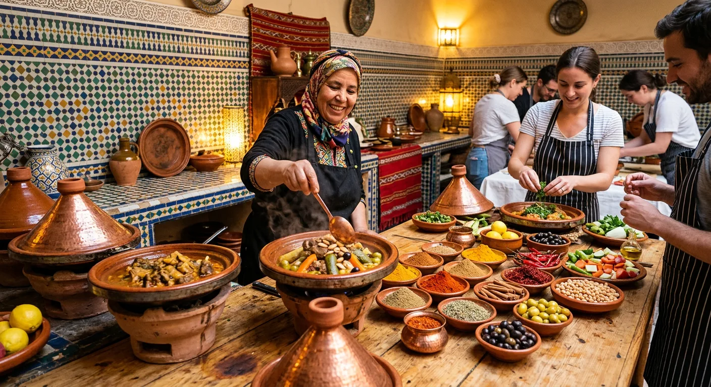 Hands-on Moroccan cooking class in a traditional riad kitchen with tagine pots and fresh spices - citytoursmorocco.com