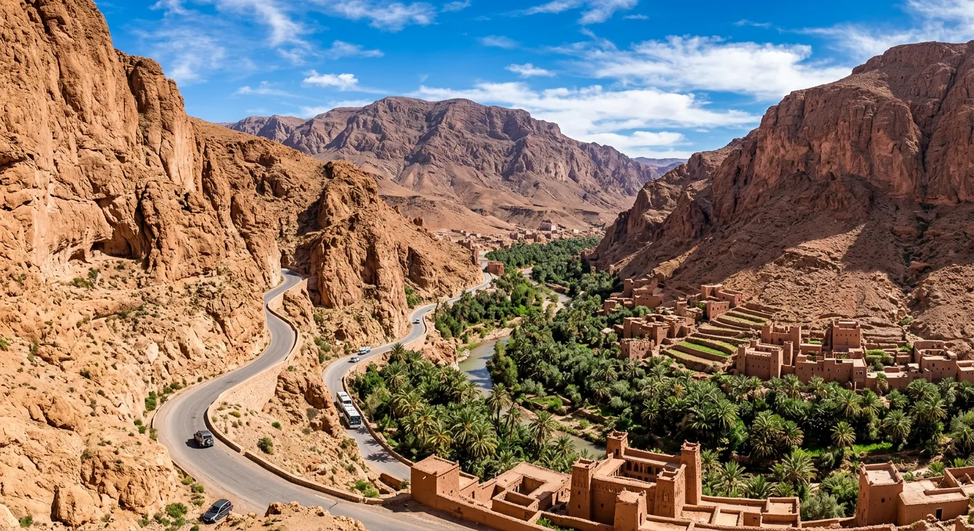 Winding road through the Dades Valley with dramatic rock formations in Morocco