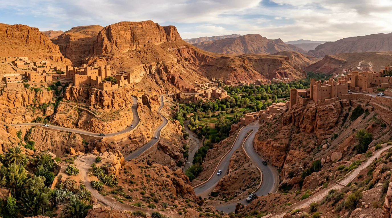 Winding road through the Dades Valley with red rock formations in Morocco