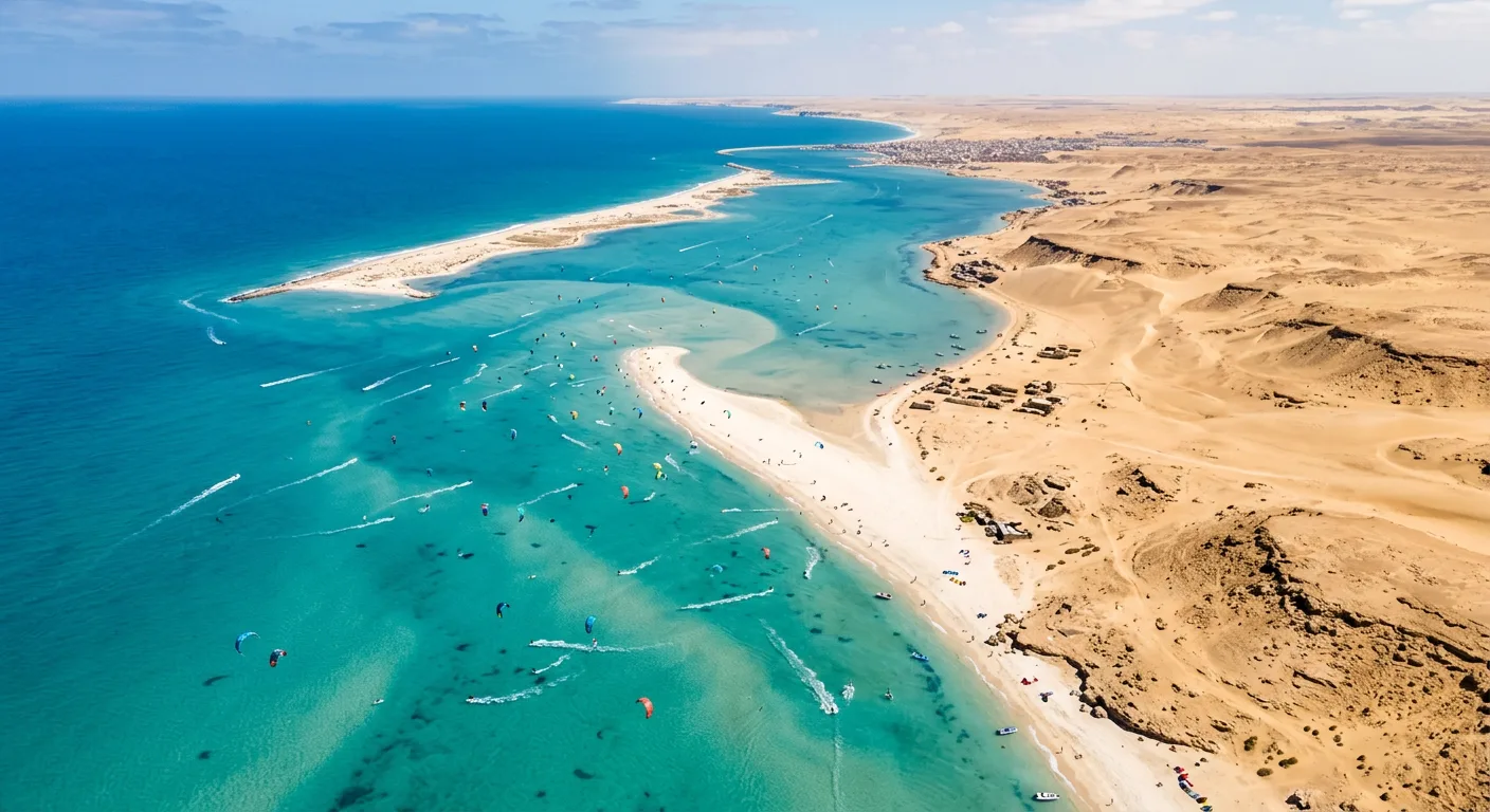 Dakhla lagoon with turquoise waters where the Sahara Desert meets the Atlantic Ocean