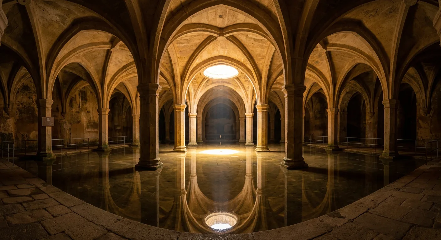 Portuguese Cistern in El Jadida with stone columns reflected in water and light streaming through the ceiling