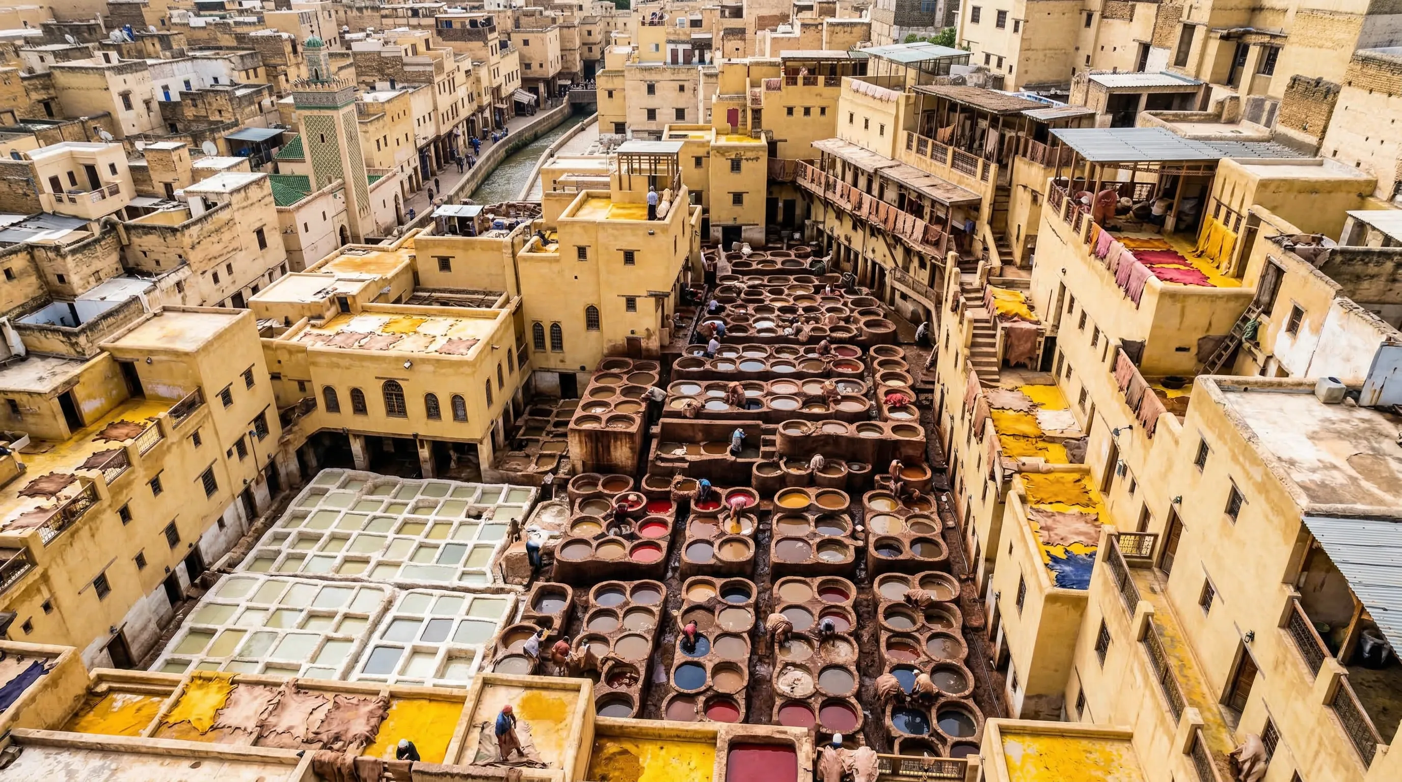 Fes medina rooftop view with minarets and traditional architecture