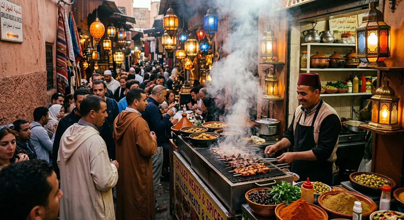 Guided food tour through a bustling Moroccan medina souk with colorful spices and tagine pots - citytoursmorocco.com
