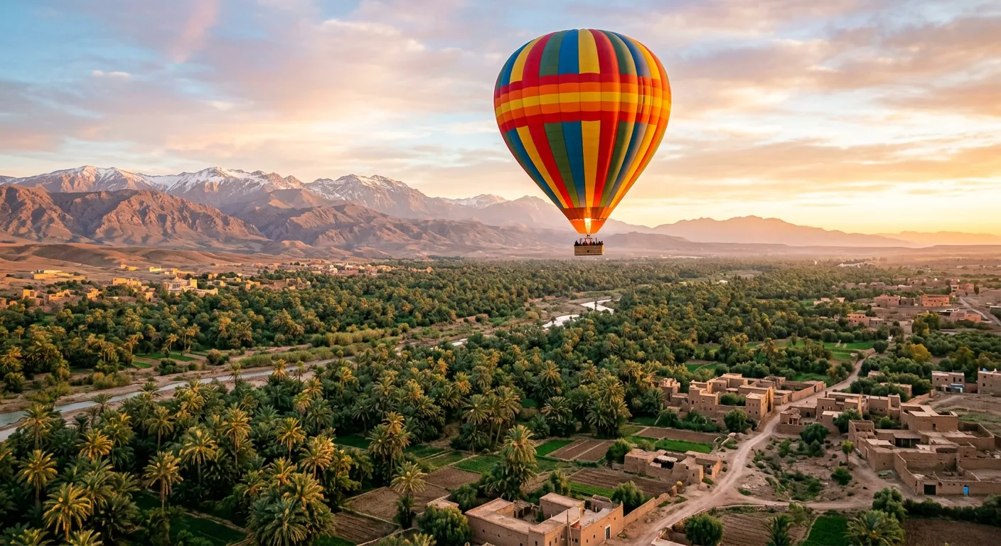 Hot air balloon floating above the Moroccan landscape at sunrise with Atlas Mountains in the distance
