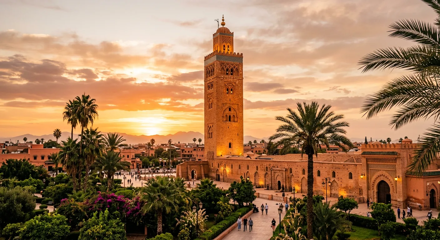 Golden sunset light illuminating Koutoubia Mosque minaret in Marrakech Morocco - citytoursmorocco.com