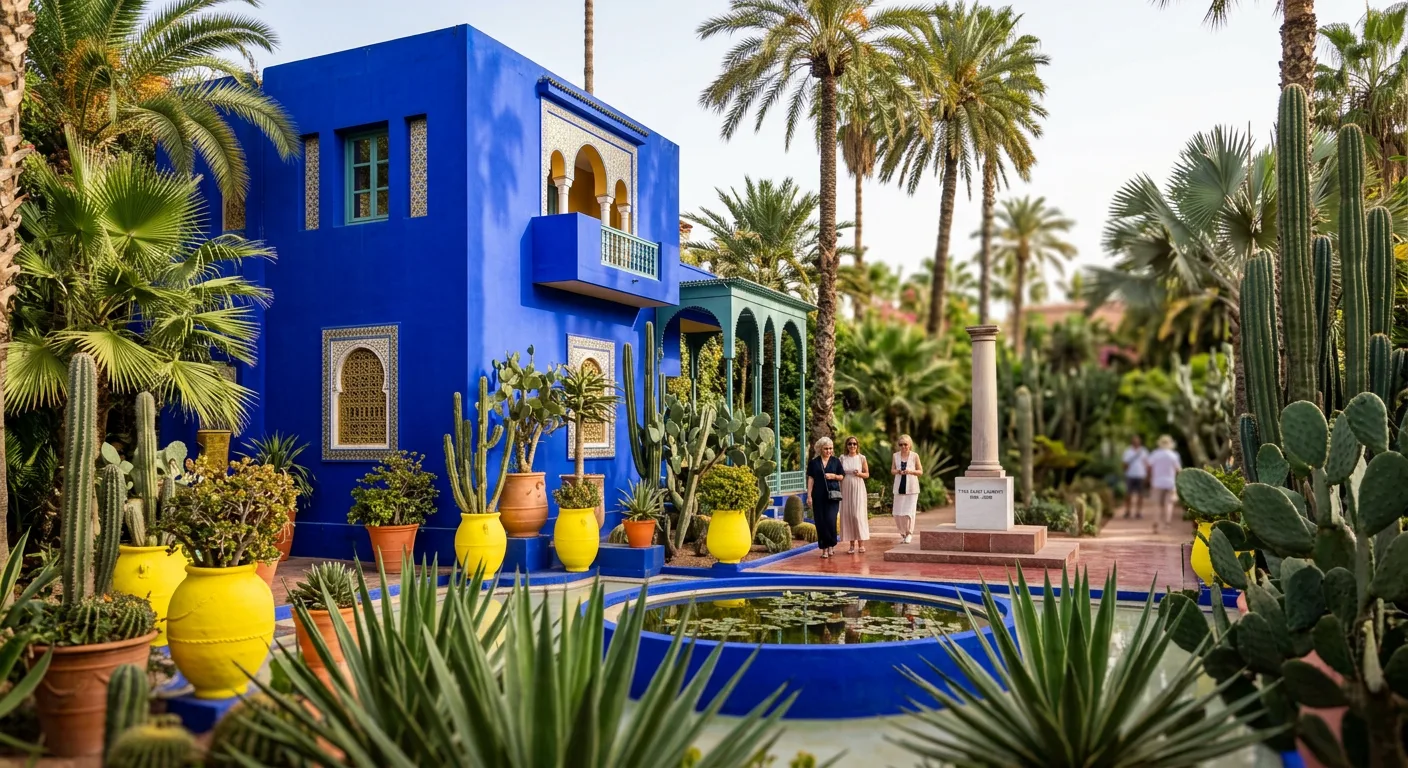 The iconic blue walls of Jardin Majorelle garden in Marrakech with vibrant green cacti - citytoursmorocco.com