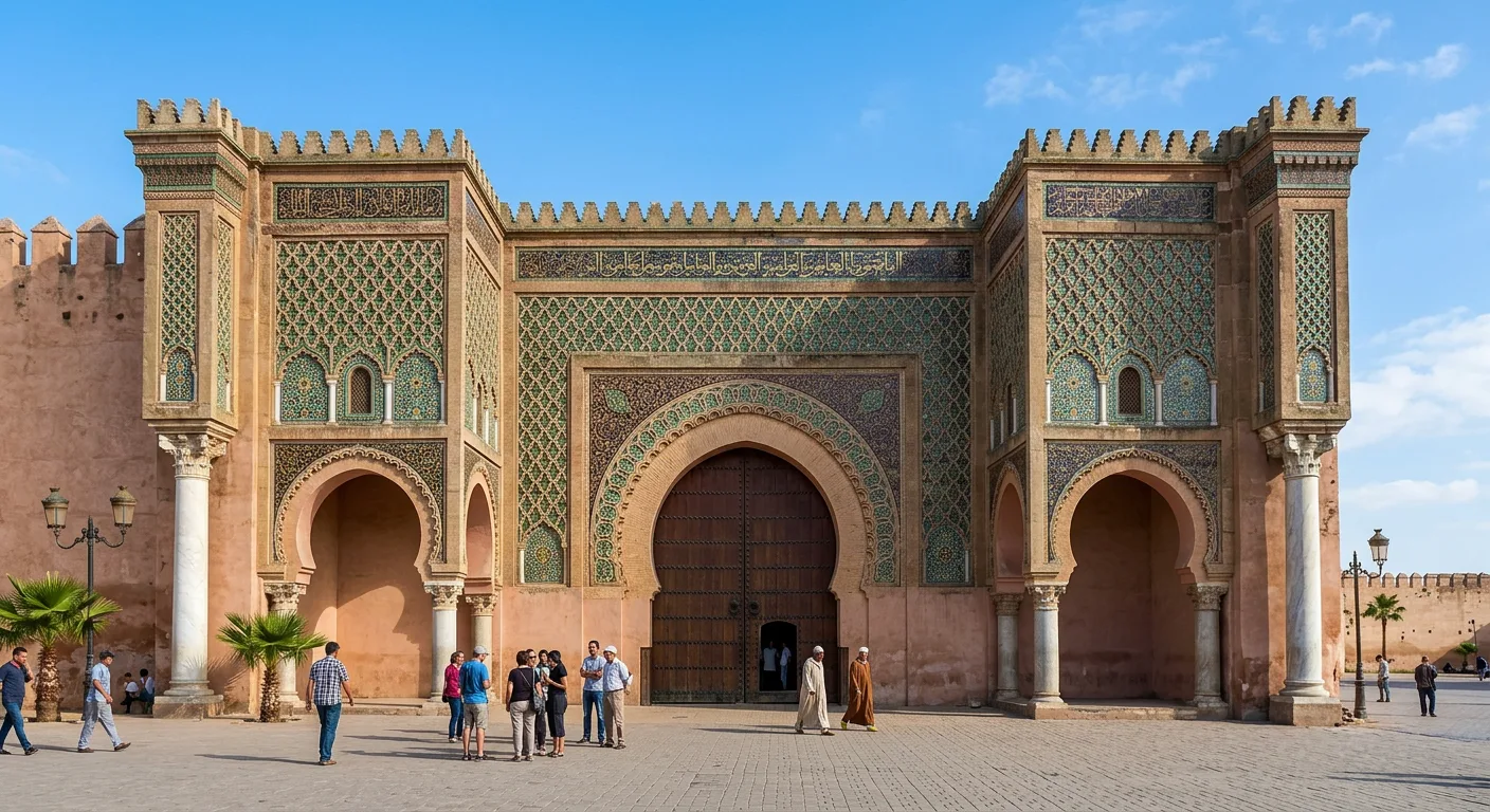 Bab Mansour grand gate in Meknes with intricate zellige tilework and carved stucco