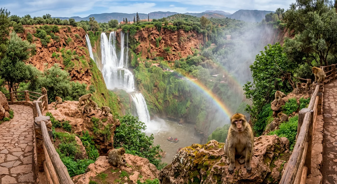 The spectacular Ouzoud Waterfalls cascading over red cliffs in the Atlas Mountains Morocco - citytoursmorocco.com