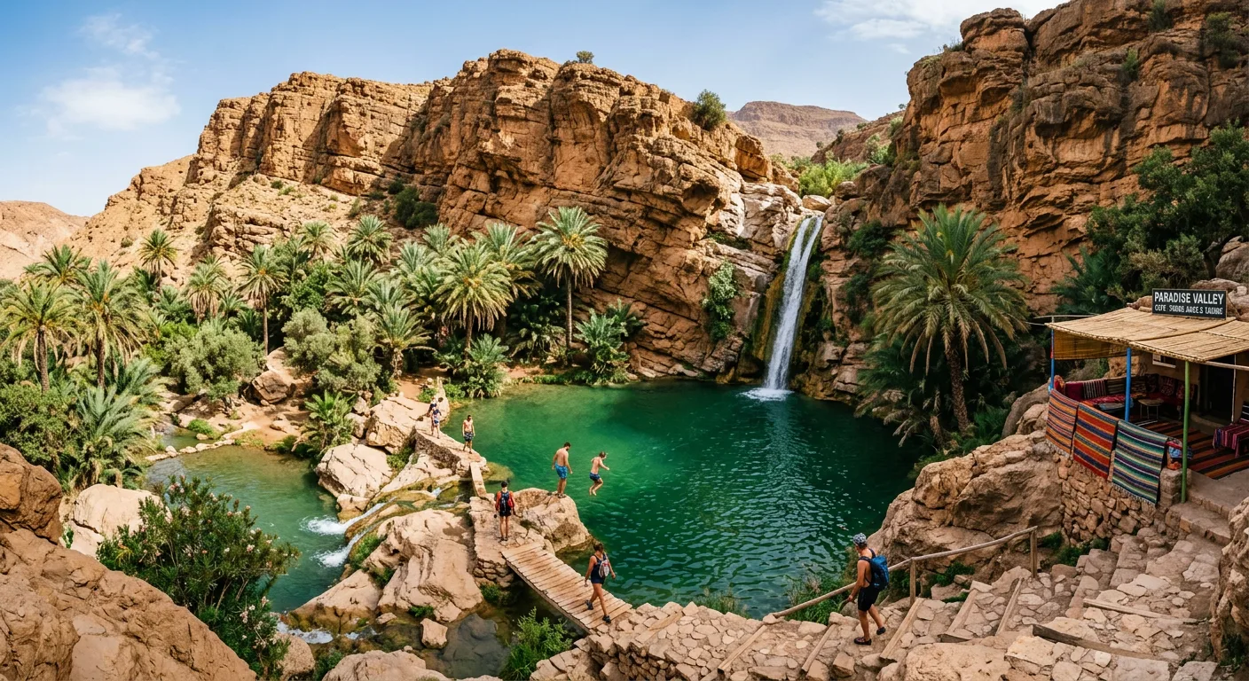 Turquoise natural swimming pool surrounded by smooth boulders in Paradise Valley