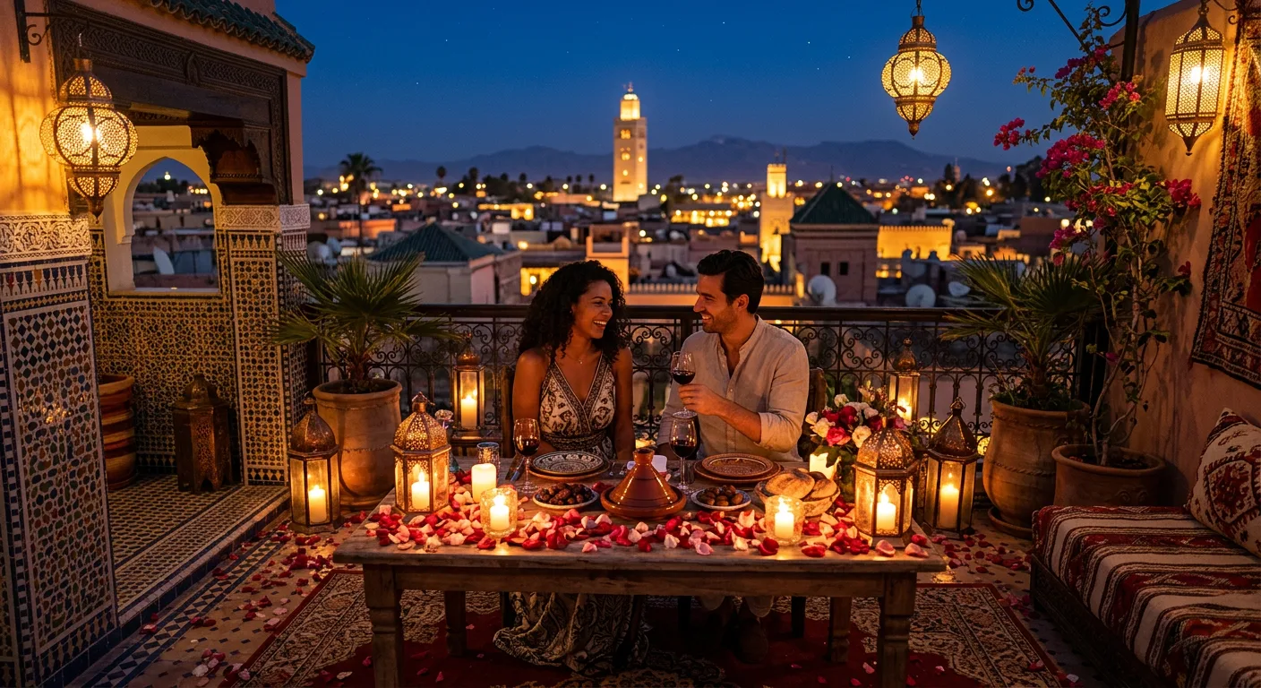 Rooftop dinner in Marrakech with candlelight and Atlas Mountain views at sunset