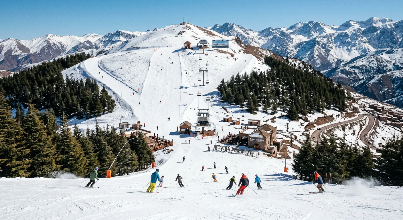 Skiers on the slopes of Oukaimeden, Africa highest ski resort in the Atlas Mountains of Morocco