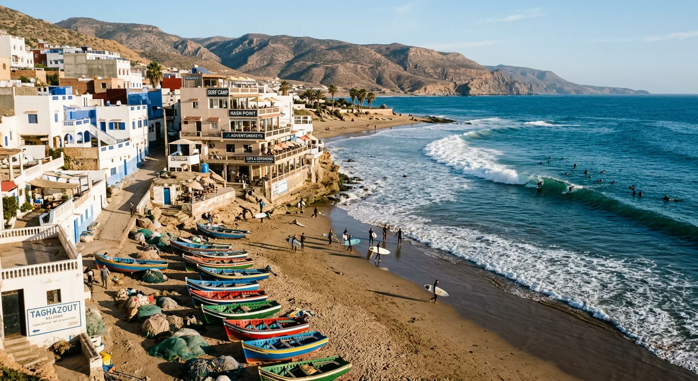 Yoga retreat setting in Taghazout Surf-Yoga Hub, Morocco showing the natural landscape and atmosphere