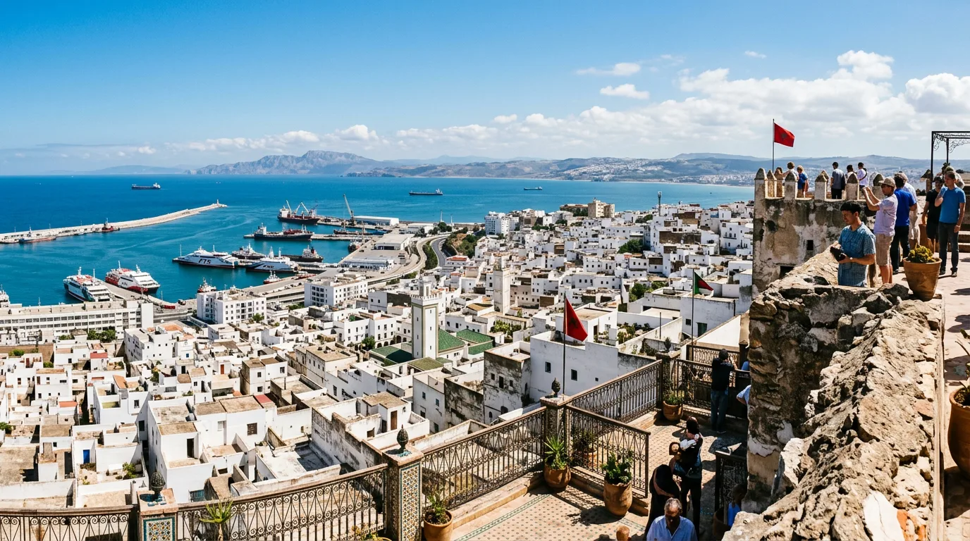 Panoramic view of Tangier kasbah and Mediterranean coastline with Spain visible in distance - citytoursmorocco.com