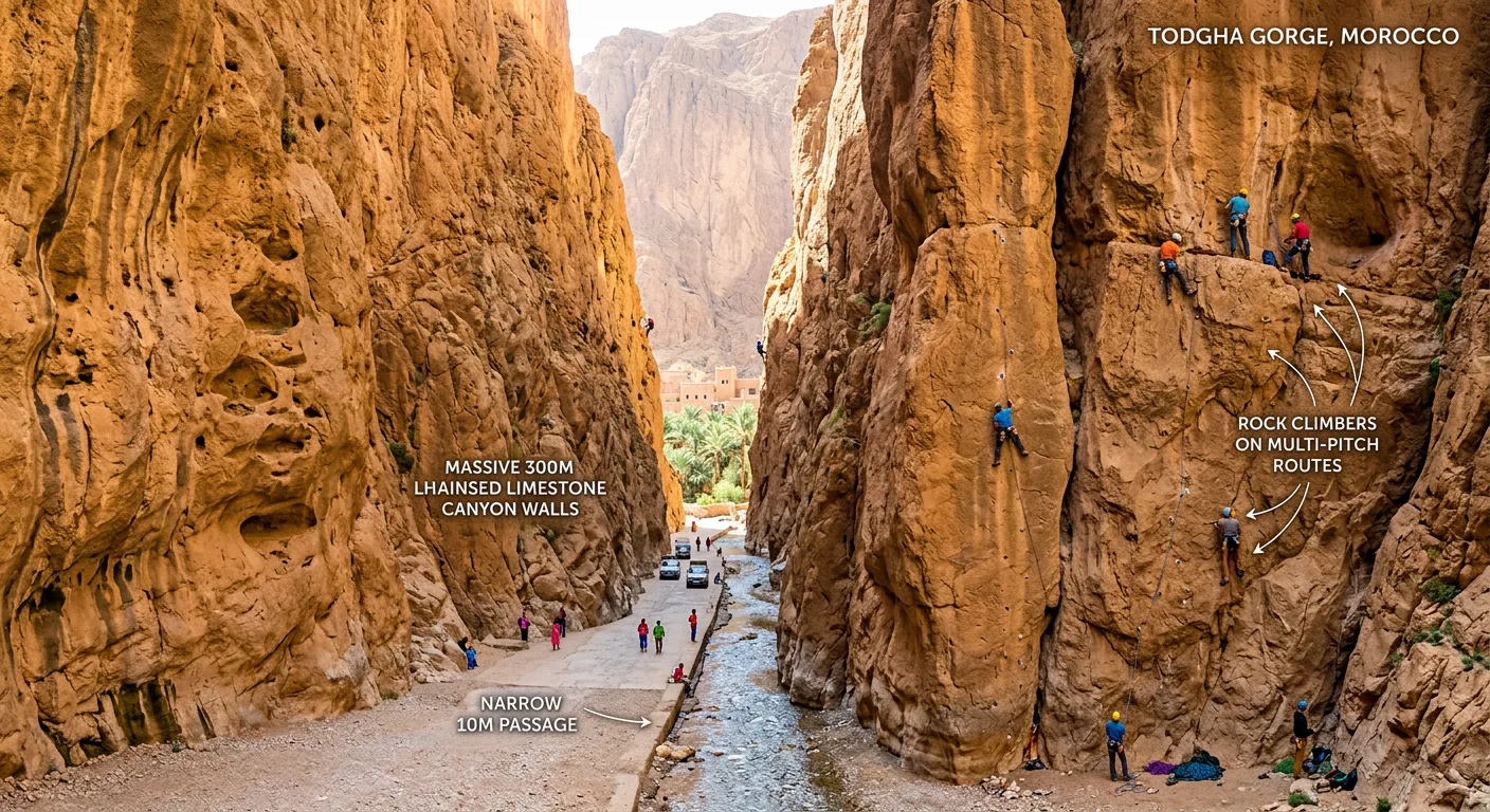 The dramatic Todgha Gorge with towering red rock canyon walls in Morocco's Draa-Tafilalet region