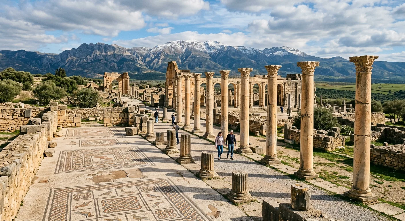Volubilis Roman ruins with ancient columns and mosaic floors against blue Moroccan sky